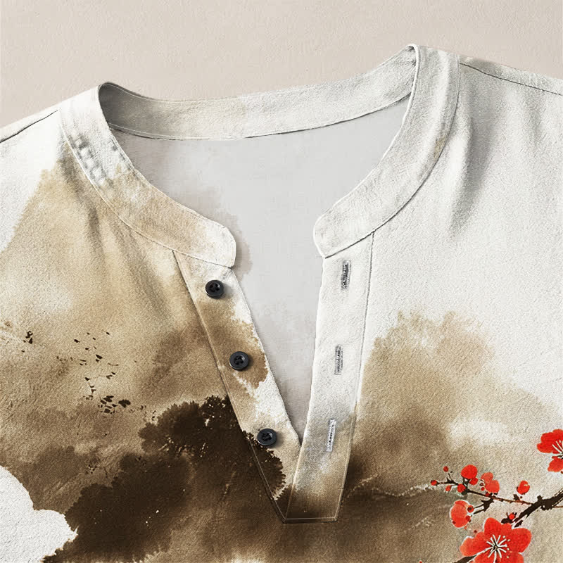 Buddha Stones Cotton Zen Landscape Blossom Pattern V-Neck Buttons Men's Long Sleeve Shirts - image 11
