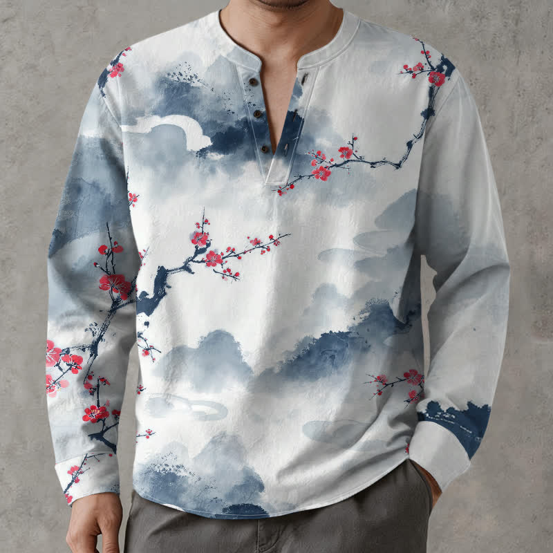 Buddha Stones Cotton Zen Landscape Blossom Pattern V-Neck Buttons Men's Long Sleeve Shirts - SteelBlue - US/UK/AU48，EU58 (4XL) - image 14