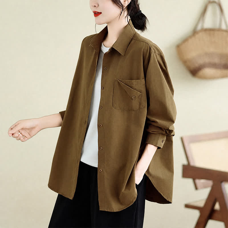 Buddha Stones Fall Casual Minimalist Button-Up Solid Cotton Women's Jacket With Pocket - Sienna - US4-12, UK/AU8-16, EU36-44 (F) - image 0