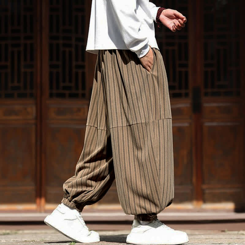 Buddha Stones Spring Fall Casual Drawstring Striped Cropped Pants Corduroy Men's Harem Pants With Pocket - image 20
