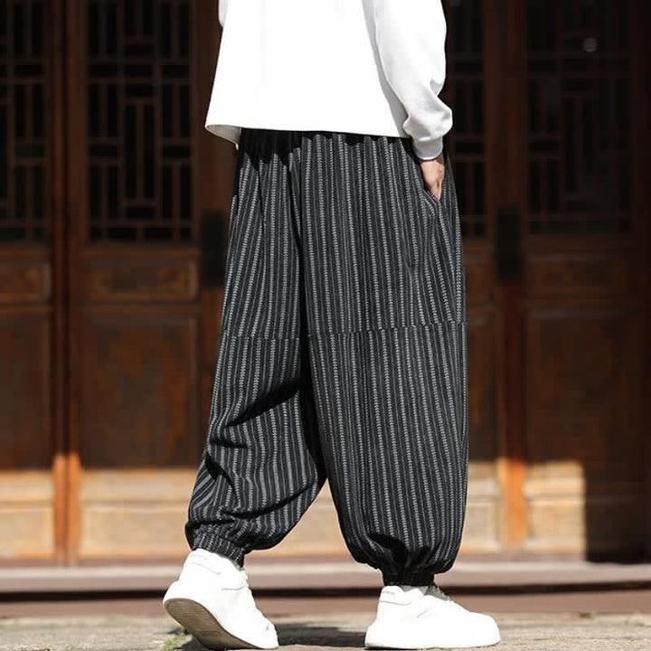 Buddha Stones Spring Fall Casual Drawstring Striped Cropped Pants Corduroy Men's Harem Pants With Pocket - image 3