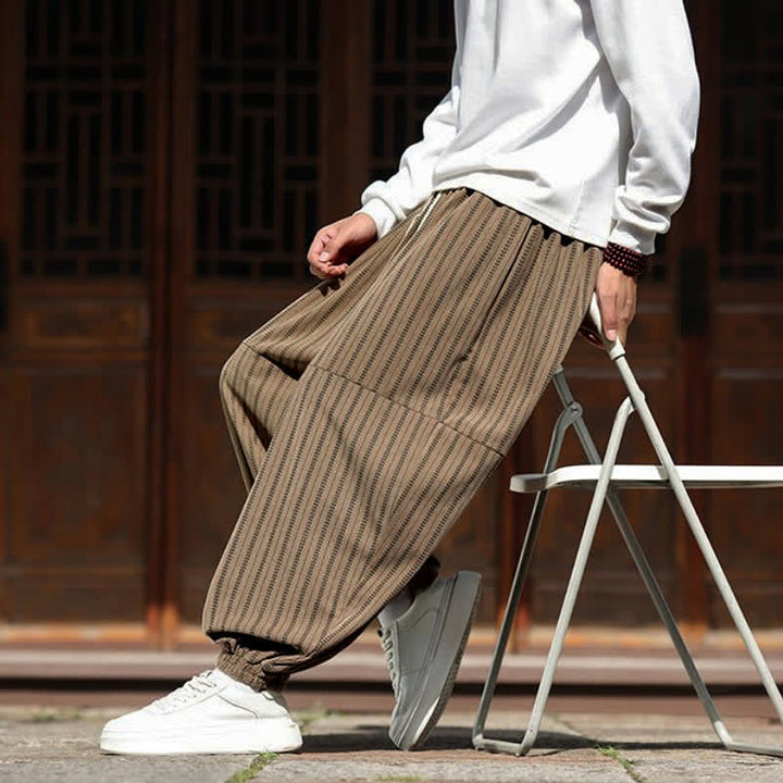 Buddha Stones Spring Fall Casual Drawstring Striped Cropped Pants Corduroy Men's Harem Pants With Pocket - image 24