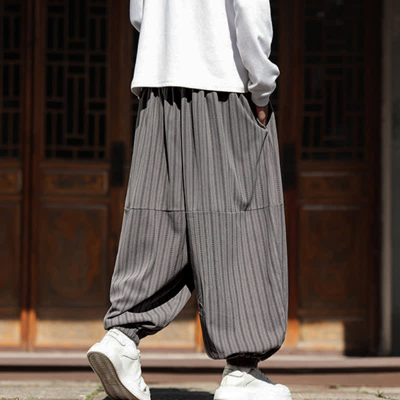 Buddha Stones Spring Fall Casual Drawstring Striped Cropped Pants Corduroy Men's Harem Pants With Pocket - image 10