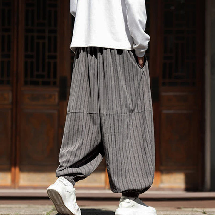 Buddha Stones Spring Fall Casual Drawstring Striped Cropped Pants Corduroy Men's Harem Pants With Pocket - image 10