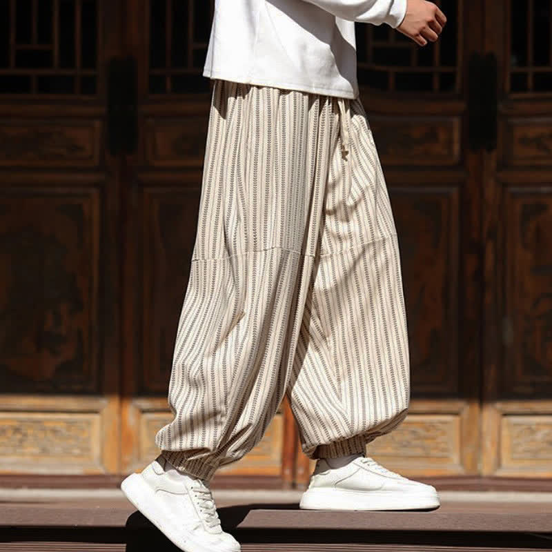 Buddha Stones Spring Fall Casual Drawstring Striped Cropped Pants Corduroy Men's Harem Pants With Pocket - image 27