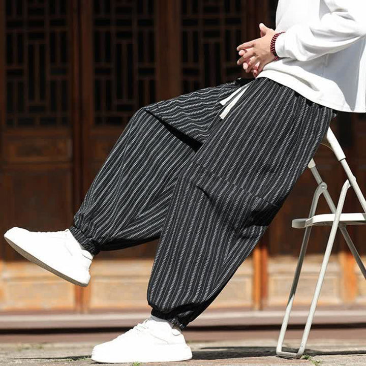 Buddha Stones Spring Fall Casual Drawstring Striped Cropped Pants Corduroy Men's Harem Pants With Pocket - image 6