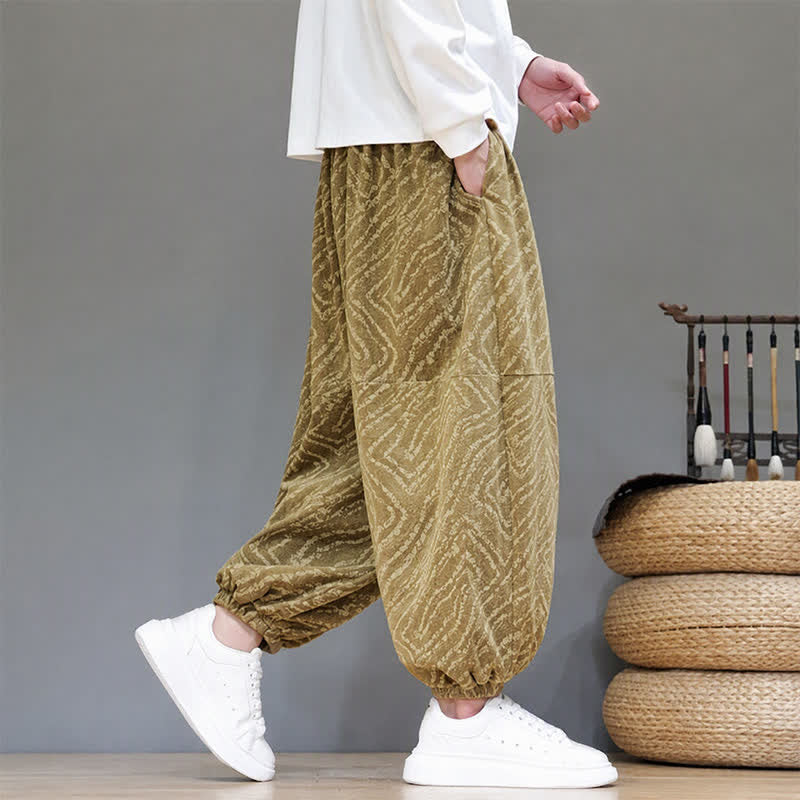 Buddha Stones Fall Winter Casual Boho Drawstring Abstract Lines Cropped Pants Corduroy Men's Harem Pants With Pockets - image 4