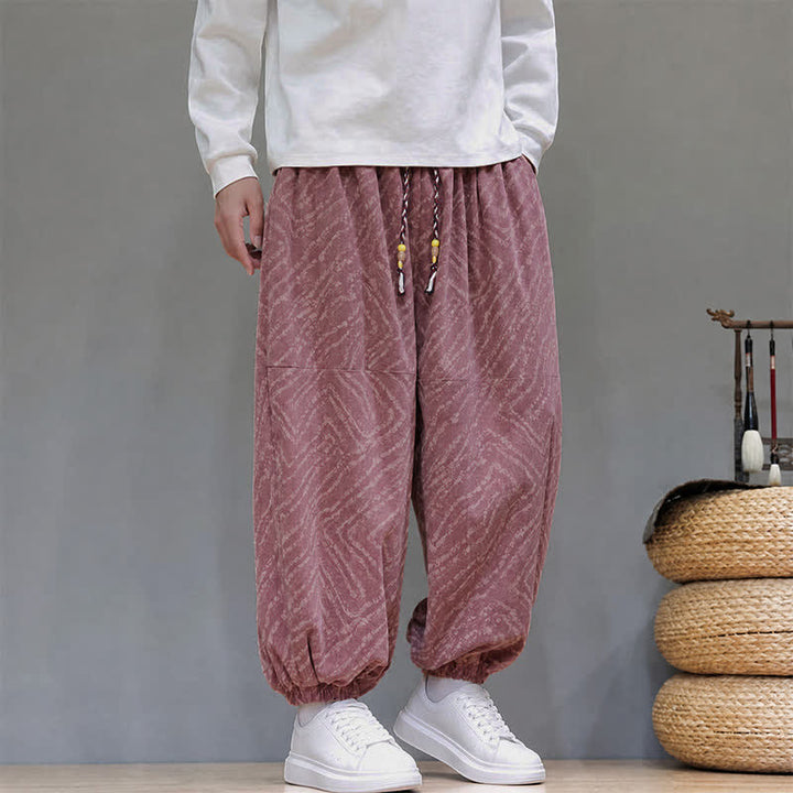 Buddha Stones Fall Winter Casual Boho Drawstring Abstract Lines Cropped Pants Corduroy Men's Harem Pants With Pockets - image 23