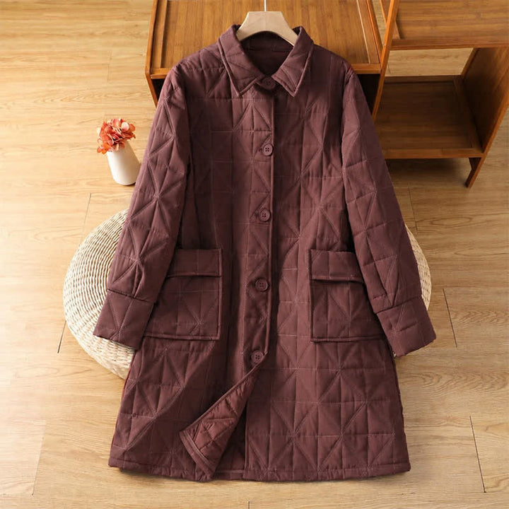 Buddha Stones Winter Casual Minimalist Button-Up Geometric Women's Coat With Pockets - Maroon - US12, UK/AU16, EU44 (3XL) - image 10