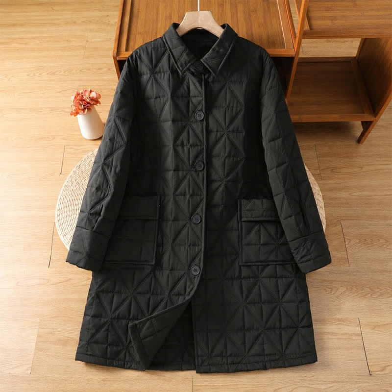 Buddha Stones Winter Casual Minimalist Button-Up Geometric Women's Coat With Pockets - Black - US12, UK/AU16, EU44 (3XL) - image 18