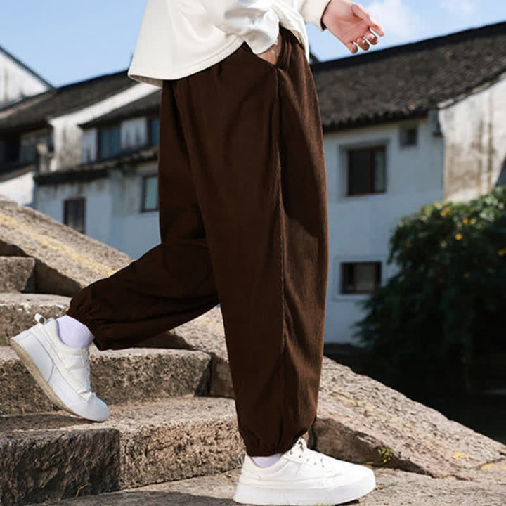 Buddha Stones Fall Winter Casual Drawstring Solid Cropped Pants Corduroy Men's Harem Pants With Pocket - image 6