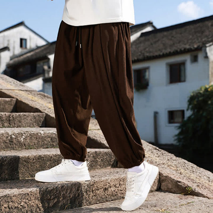 Buddha Stones Fall Winter Casual Drawstring Solid Cropped Pants Corduroy Men's Harem Pants With Pocket - image 7