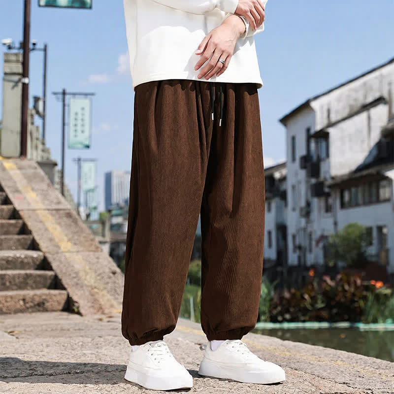 Buddha Stones Fall Winter Casual Drawstring Solid Cropped Pants Corduroy Men's Harem Pants With Pocket - SaddleBrown - US/UK/AU46, EU56 (5XL) - image 0