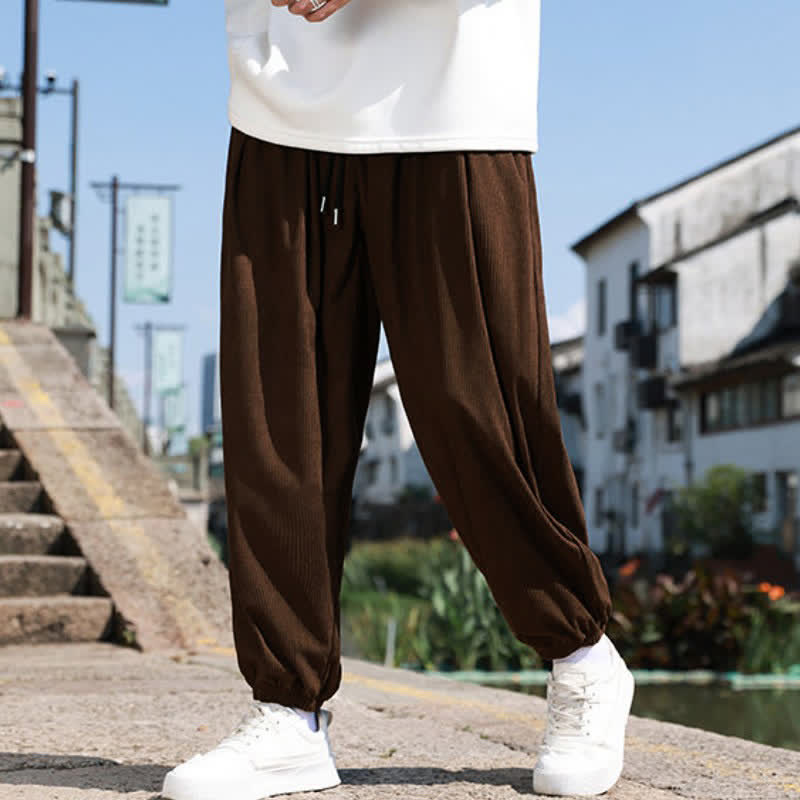 Buddha Stones Fall Winter Casual Drawstring Solid Cropped Pants Corduroy Men's Harem Pants With Pocket - image 2