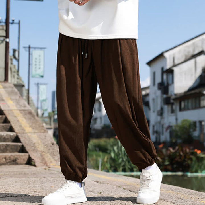 Buddha Stones Fall Winter Casual Drawstring Solid Cropped Pants Corduroy Men's Harem Pants With Pocket - image 2