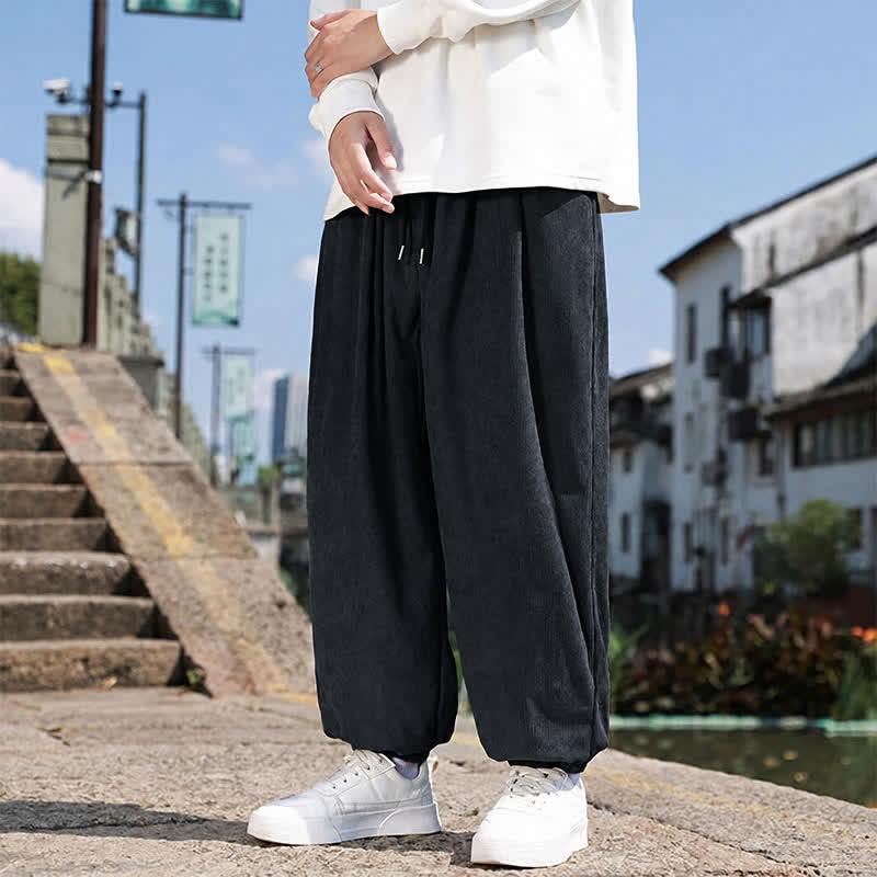 Buddha Stones Fall Winter Casual Drawstring Solid Cropped Pants Corduroy Men's Harem Pants With Pocket - image 16
