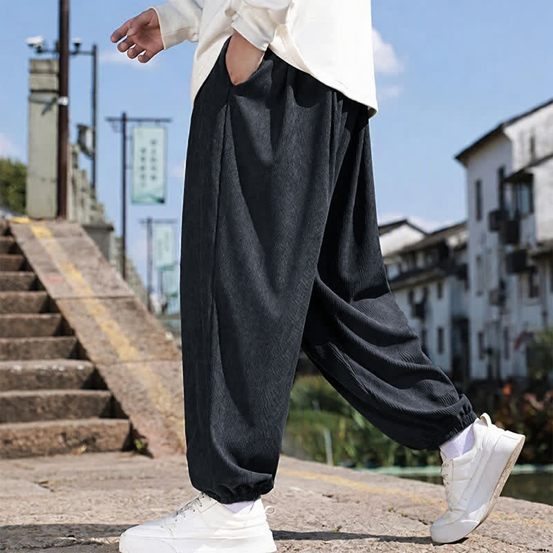 Buddha Stones Fall Winter Casual Drawstring Solid Cropped Pants Corduroy Men's Harem Pants With Pocket - image 13