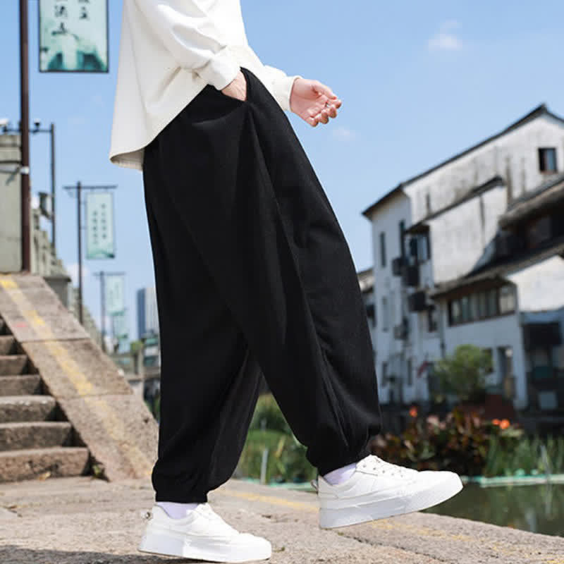 Buddha Stones Fall Winter Casual Drawstring Solid Cropped Pants Corduroy Men's Harem Pants With Pocket - image 27