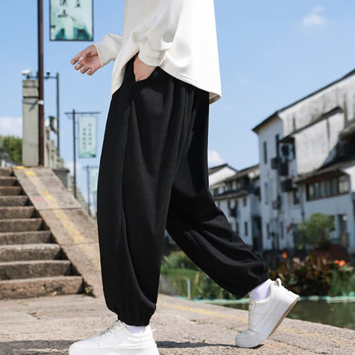 Buddha Stones Fall Winter Casual Drawstring Solid Cropped Pants Corduroy Men's Harem Pants With Pocket - image 28