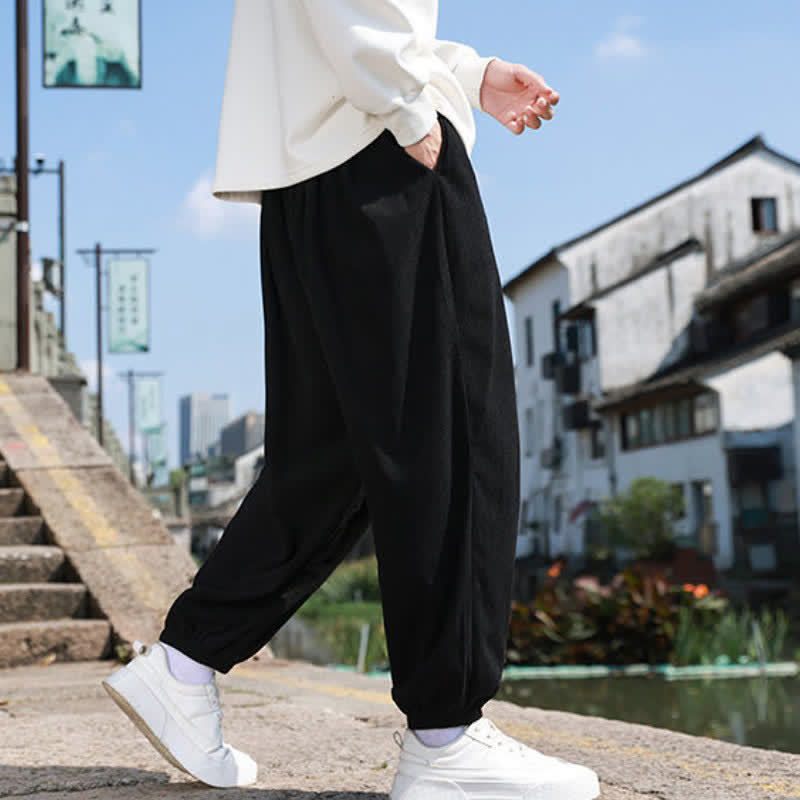 Buddha Stones Fall Winter Casual Drawstring Solid Cropped Pants Corduroy Men's Harem Pants With Pocket - image 22