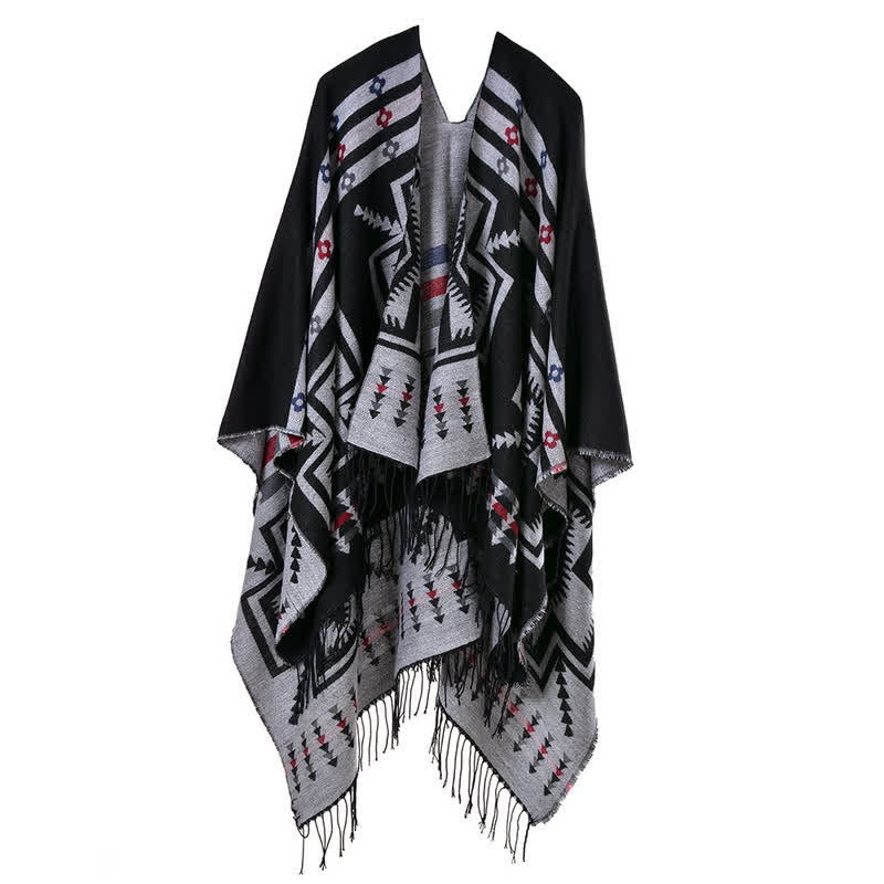 Buddha Stones Fall Winter Geometric Diamond Tassel Bohemian Women's Shawl - Black - image 0