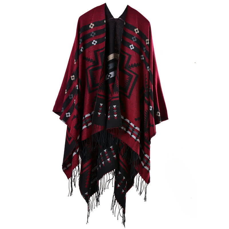 Buddha Stones Fall Winter Geometric Diamond Tassel Bohemian Women's Shawl - DarkRed - image 12
