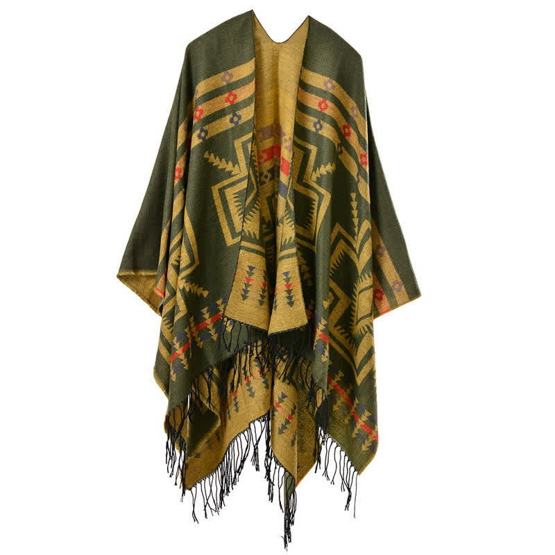 Buddha Stones Fall Winter Geometric Diamond Tassel Bohemian Women's Shawl - OliveDrab - image 8