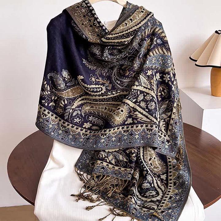 Buddha Stones Fall Winter Vintage Paisley Floral Tassel Women's Shawl - MidnightBlue - image 6