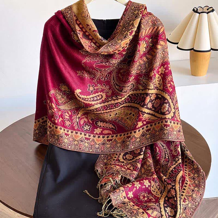 Buddha Stones Fall Winter Vintage Paisley Floral Tassel Women's Shawl - Crimson - image 2