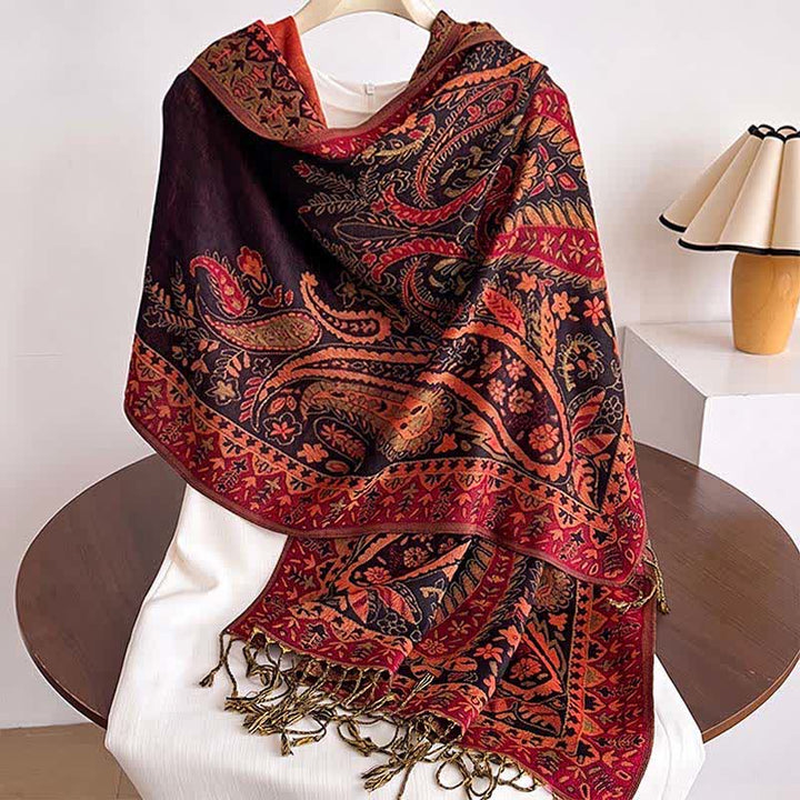 Buddha Stones Fall Winter Vintage Paisley Floral Tassel Women's Shawl - Maroon - image 8