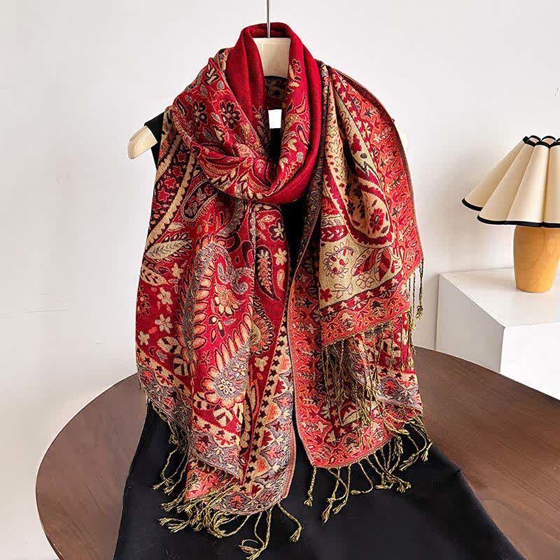 Buddha Stones Fall Winter Vintage Paisley Floral Tassel Women's Shawl - FireBrick - image 12