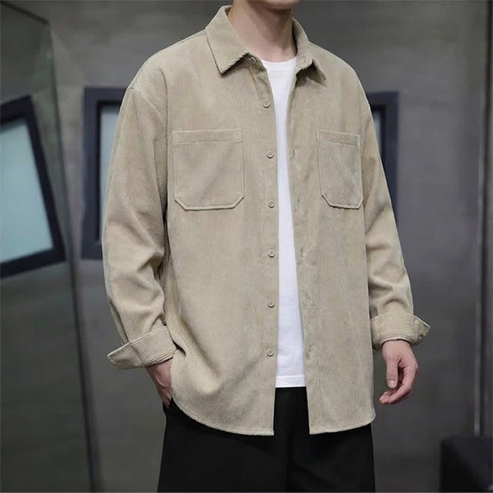 Buddha Stones Fall Casual Solid Corduroy Men's Long Sleeve Shirts With Patch Pockets - image 1