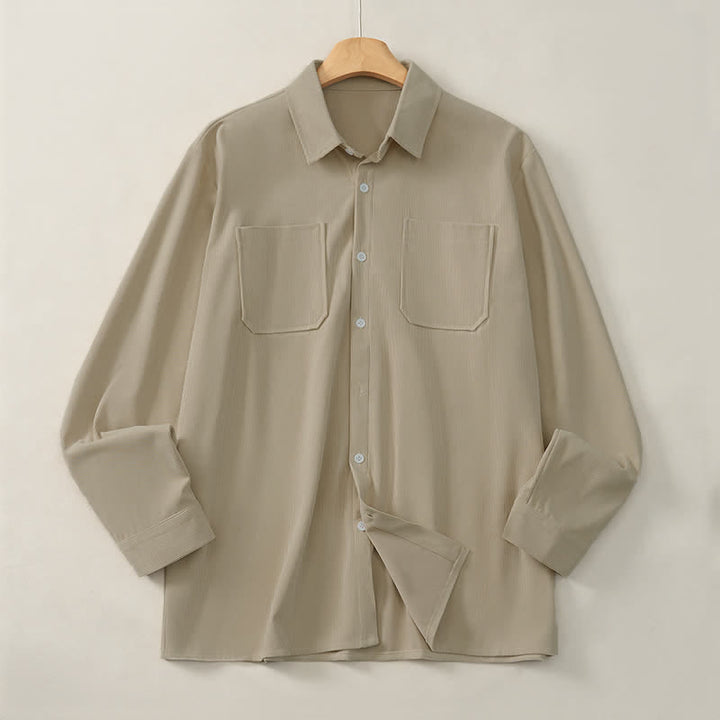 Buddha Stones Fall Casual Solid Corduroy Men's Long Sleeve Shirts With Patch Pockets - image 2