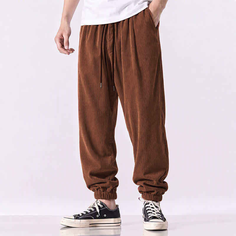 Buddha Stones Fall Winter Casual Vintage Drawstring Solid Ankle Pants Corduroy Men's Tapered Pants With Pockets - image 1