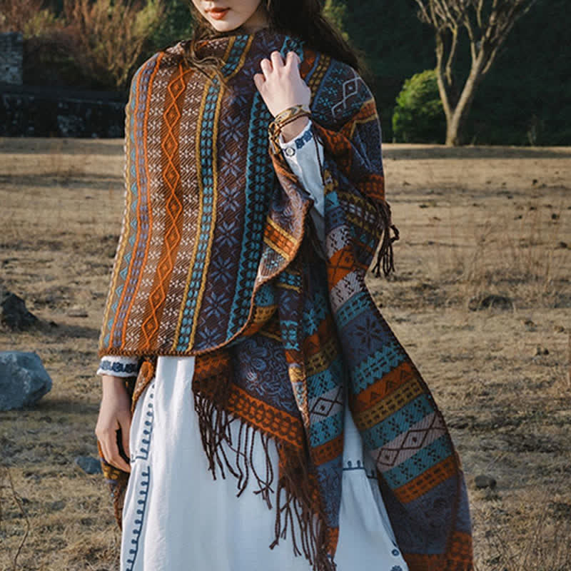 Buddha Stones Fall Winter Boho Geometric Stripes Tassel Cozy Women's Shawl - image 0