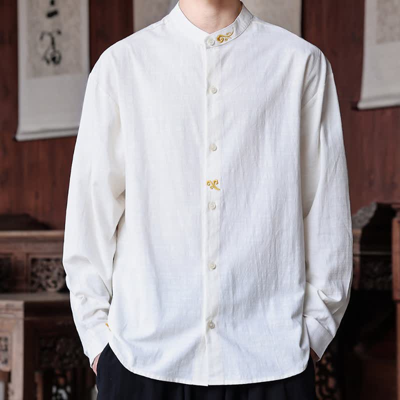 Buddha Stones Spring Summer Tang Style Minimalist Mandarin Collar Embroidery Solid Men's Long Sleeve Shirts - image 1