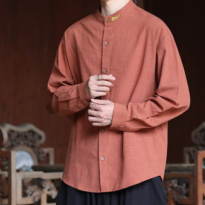 Buddha Stones Spring Summer Tang Style Minimalist Mandarin Collar Embroidery Solid Men's Long Sleeve Shirts - image 6