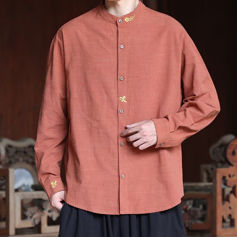 Buddha Stones Spring Summer Tang Style Minimalist Mandarin Collar Embroidery Solid Men's Long Sleeve Shirts - image 8
