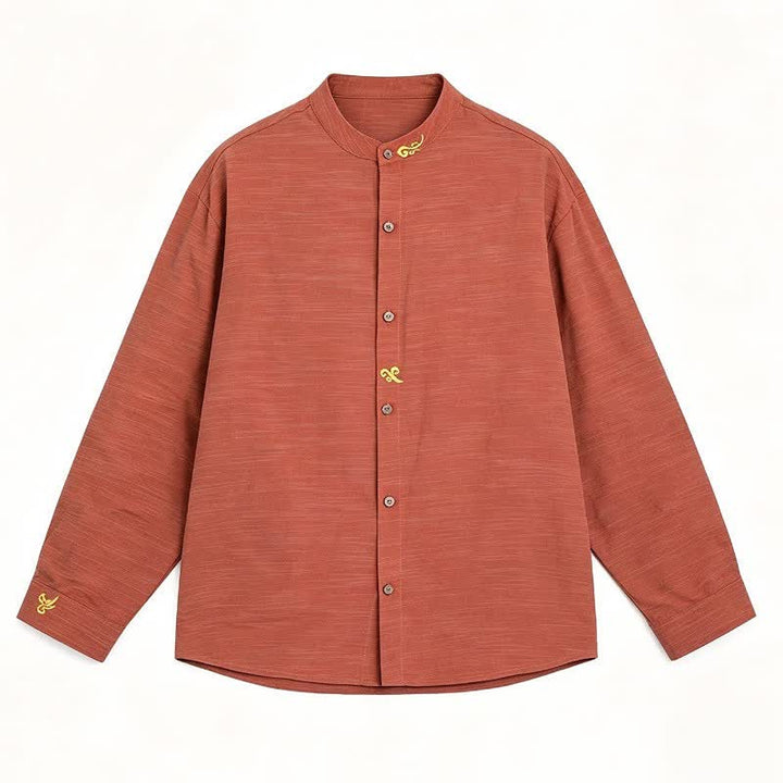 Buddha Stones Spring Summer Tang Style Minimalist Mandarin Collar Embroidery Solid Men's Long Sleeve Shirts - image 9