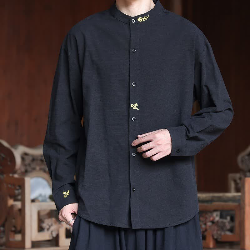 Buddha Stones Spring Summer Tang Style Minimalist Mandarin Collar Embroidery Solid Men's Long Sleeve Shirts - image 13