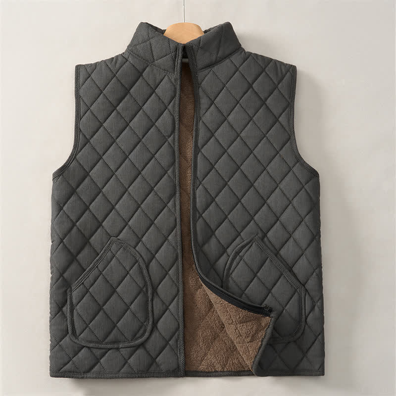 Buddha Stones Winter Casual Mandarin Collar Diamond-shaped Design Zipper Solid Tank Top Men's Vest With Pockets - image 1