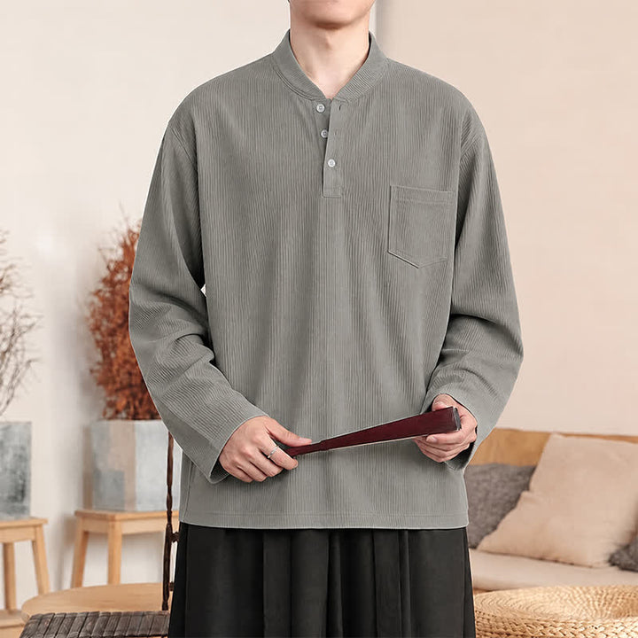 Buddha Stones Fall Winter Casual Tang Style Mandarin Collar Solid Corduroy Men's Long Sleeve Shirts With Patch Pocket - Gray - US/UK/AU44, EU54 (4XL) - image 8