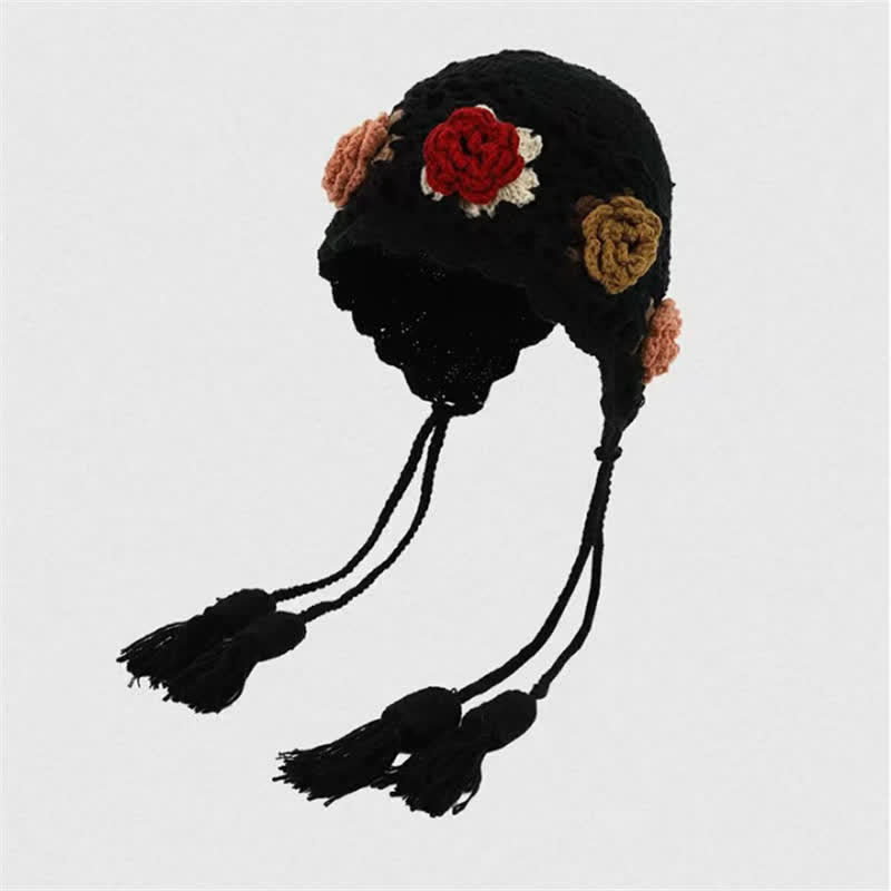 Buddha Stones Fall Winter Floral Tassel Earflap Crochet Women's Hat - Black - One Size(54-62cm) - image 4