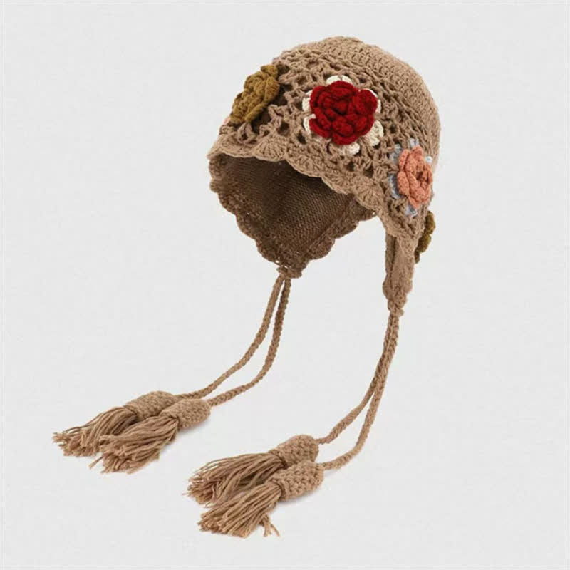 Buddha Stones Fall Winter Floral Tassel Earflap Crochet Women's Hat - Tan - One Size(54-62cm) - image 0