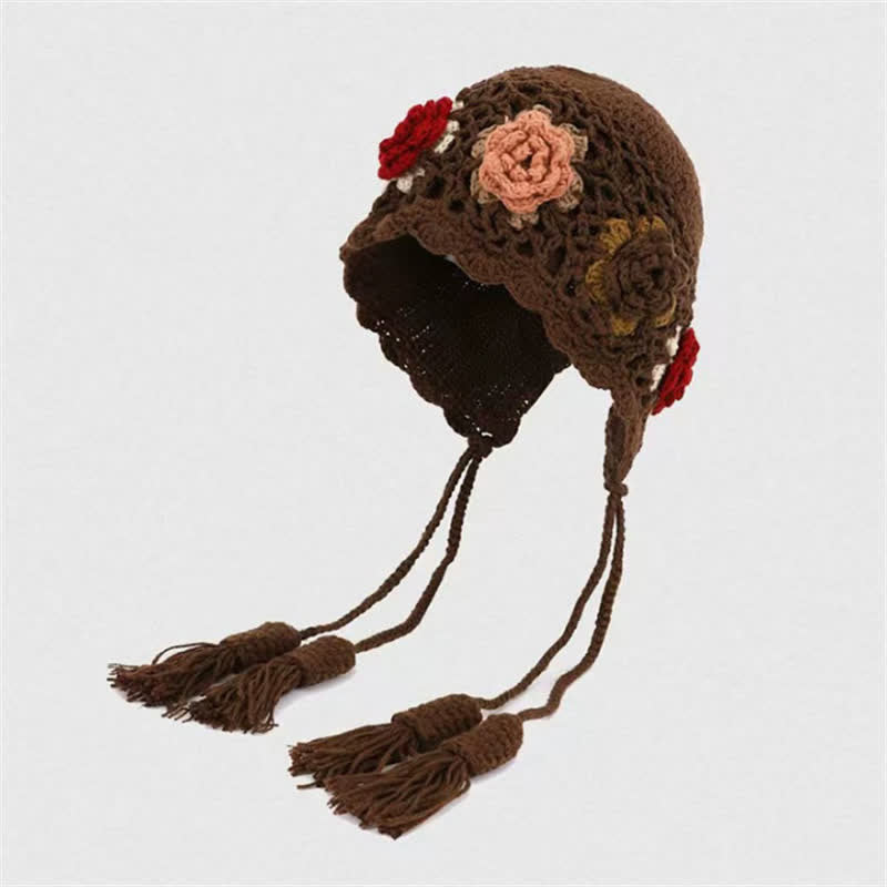 Buddha Stones Fall Winter Floral Tassel Earflap Crochet Women's Hat - SaddleBrown - One Size(54-62cm) - image 5