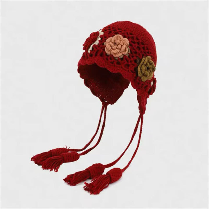 Buddha Stones Fall Winter Floral Tassel Earflap Crochet Women's Hat - DarkRed - One Size(54-62cm) - image 3