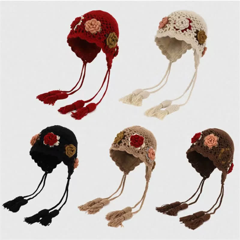 Buddha Stones Fall Winter Floral Tassel Earflap Crochet Women's Hat - image 6