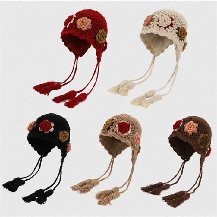 Buddha Stones Fall Winter Floral Tassel Earflap Crochet Women's Hat - image 6