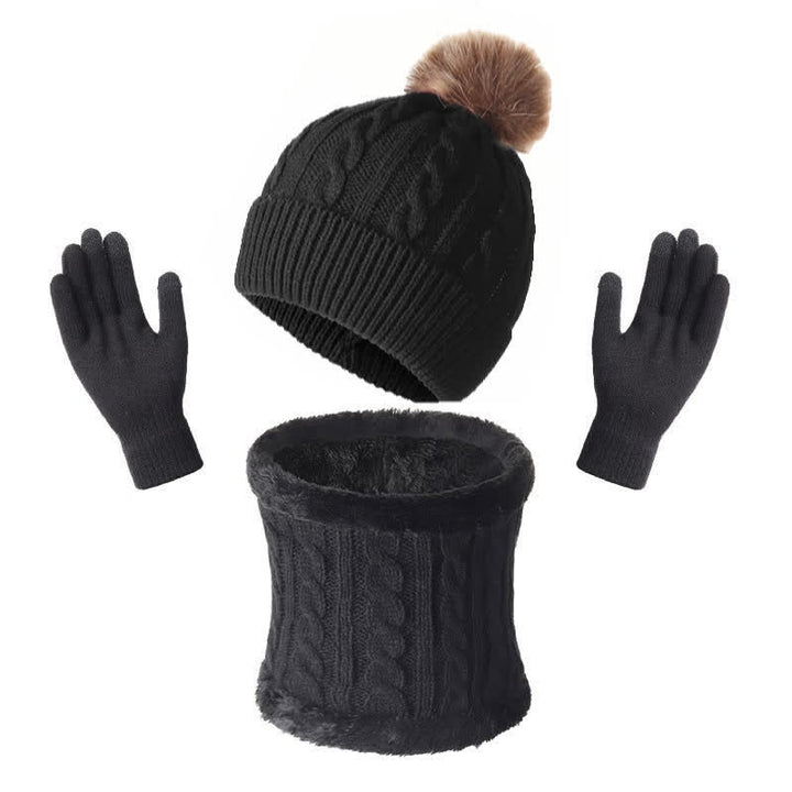 Buddha Stones 3Pcs Fall Winter Cable Knit Design Fleece Lined Cozy Neck Warmer Women's Scarf Gloves - Black - image 0