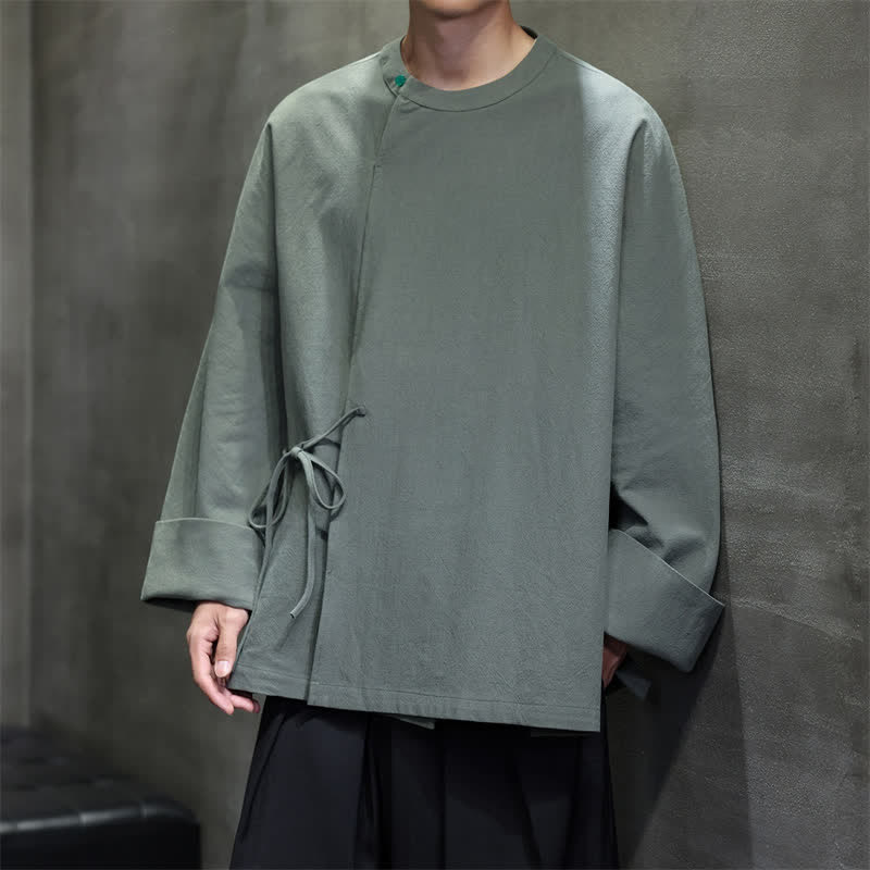 Buddha Stones Fall Tang Style Minimalist Lace-up Solid Men's Long Sleeve Shirts - CadetBlue - US/UK/AU48，EU58 (4XL) - image 12